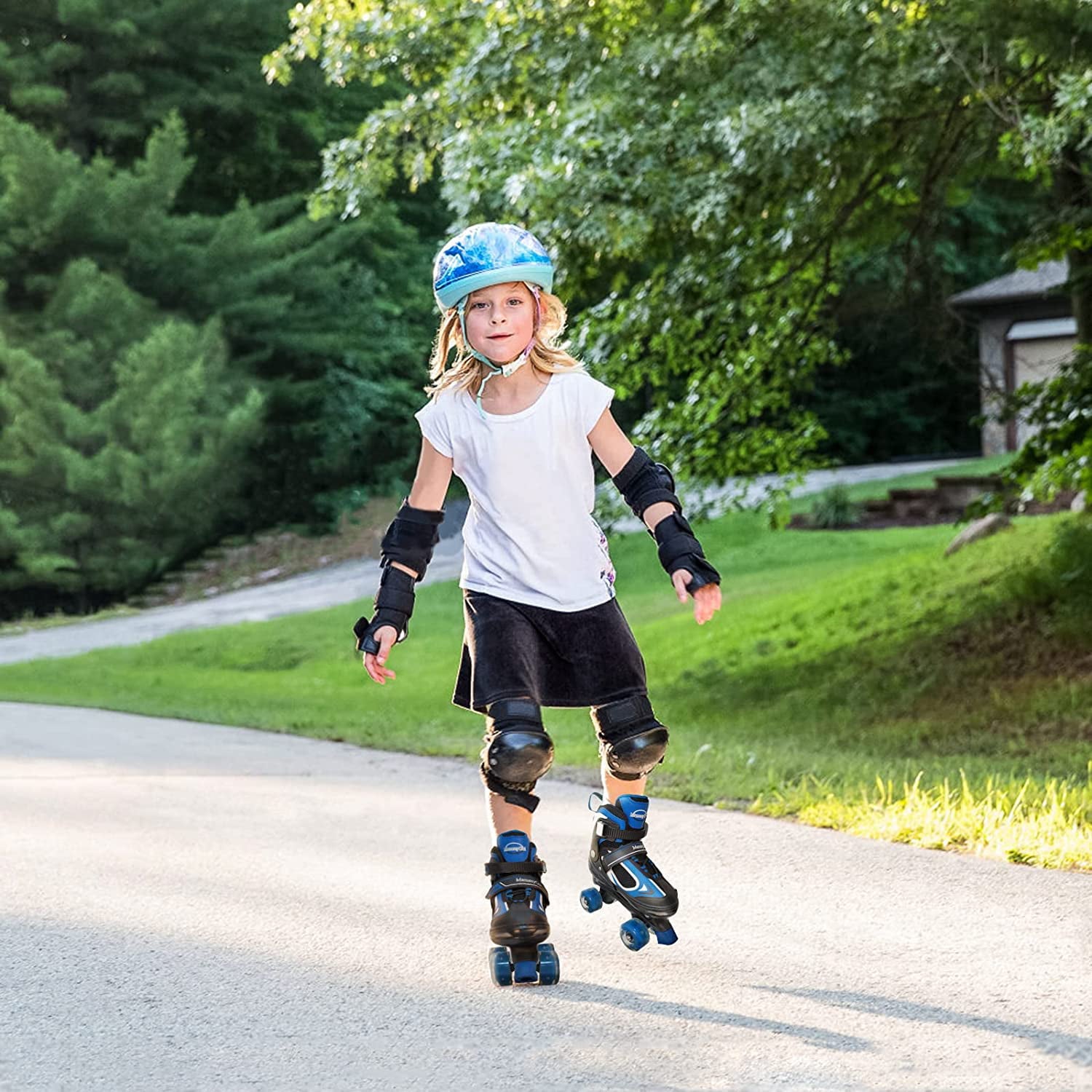 Nattork Roller Skates for Boys Girls Kids 4 Sizes Adjustable Quad Skates with Illuminating Wheels Blue Size M