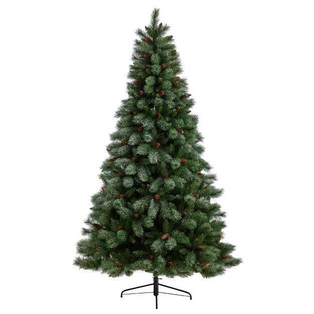 Nearly Natural 8-ft Snowed French Alps Mountain Pine Christmas Tree With 1159 Bendable Branches And Pine Cones