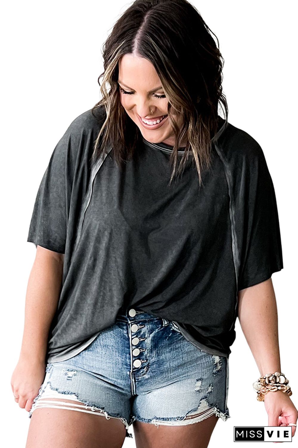 Black Expose Seam Raglan Sleeve Plus Size T Shirt