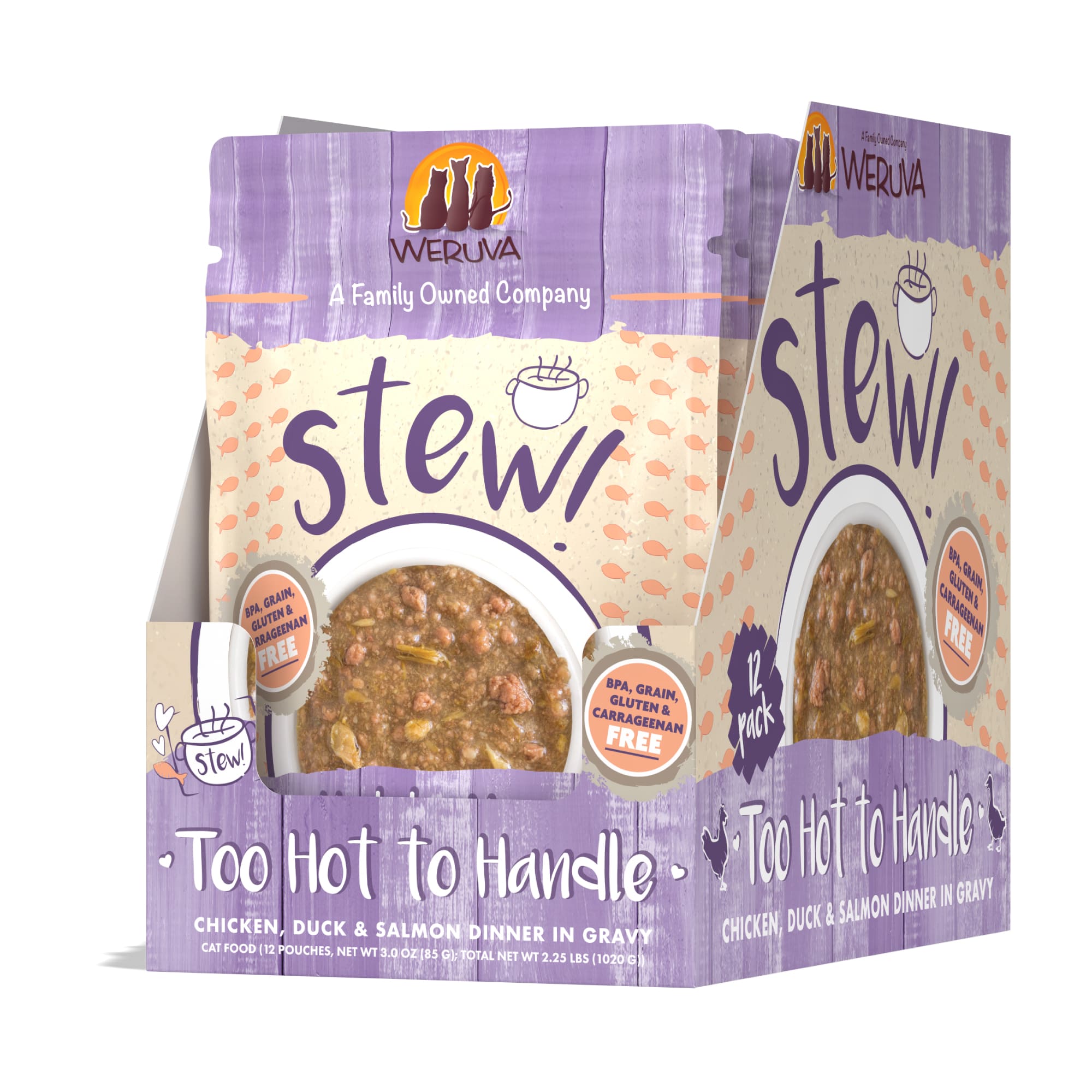 Weruva Stew! Too Hot to Handle Chicken， Duck and Salmon Dinner in Gravy Wet Cat Food， 3 oz.， Case of 12