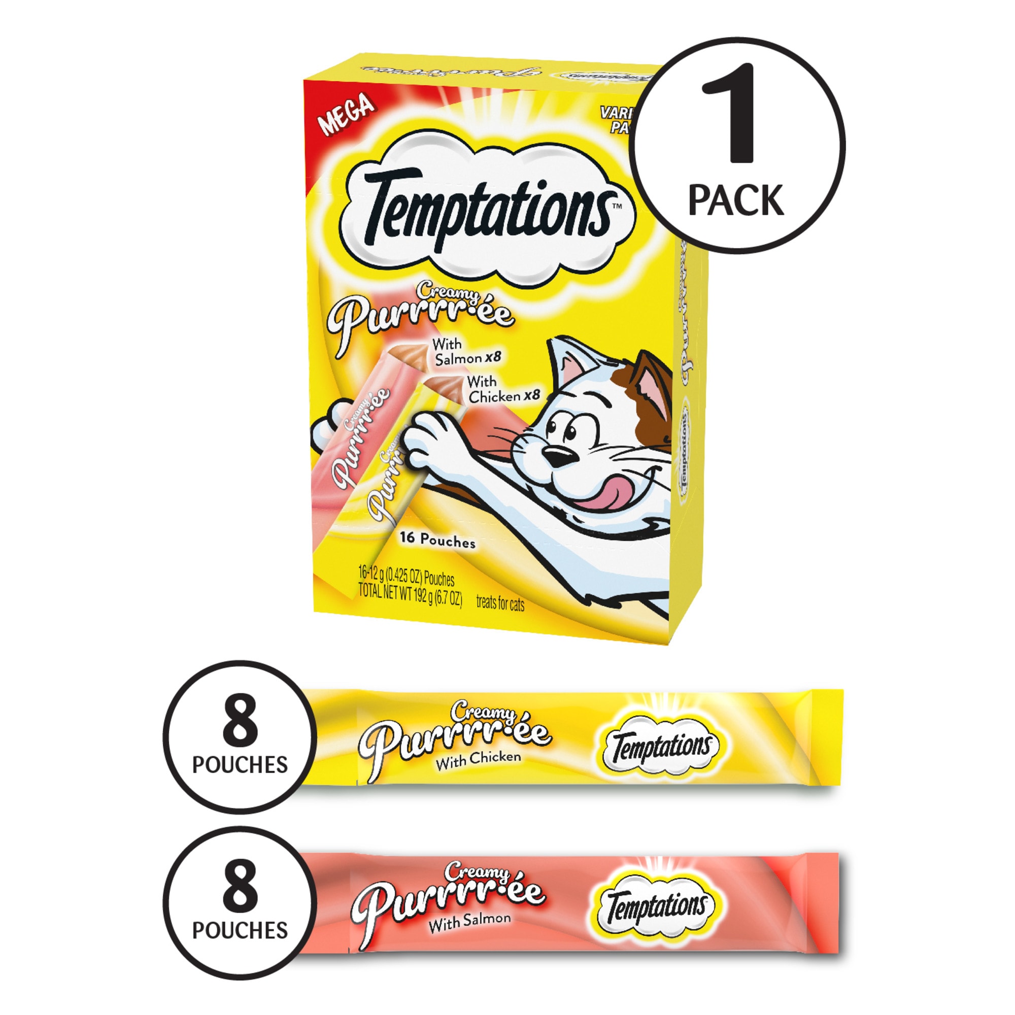 Temptations Creamy Purrrr-ee Variety Pack with Salmon and Chicken Cat Treats， 6.7 oz.， Count of 16