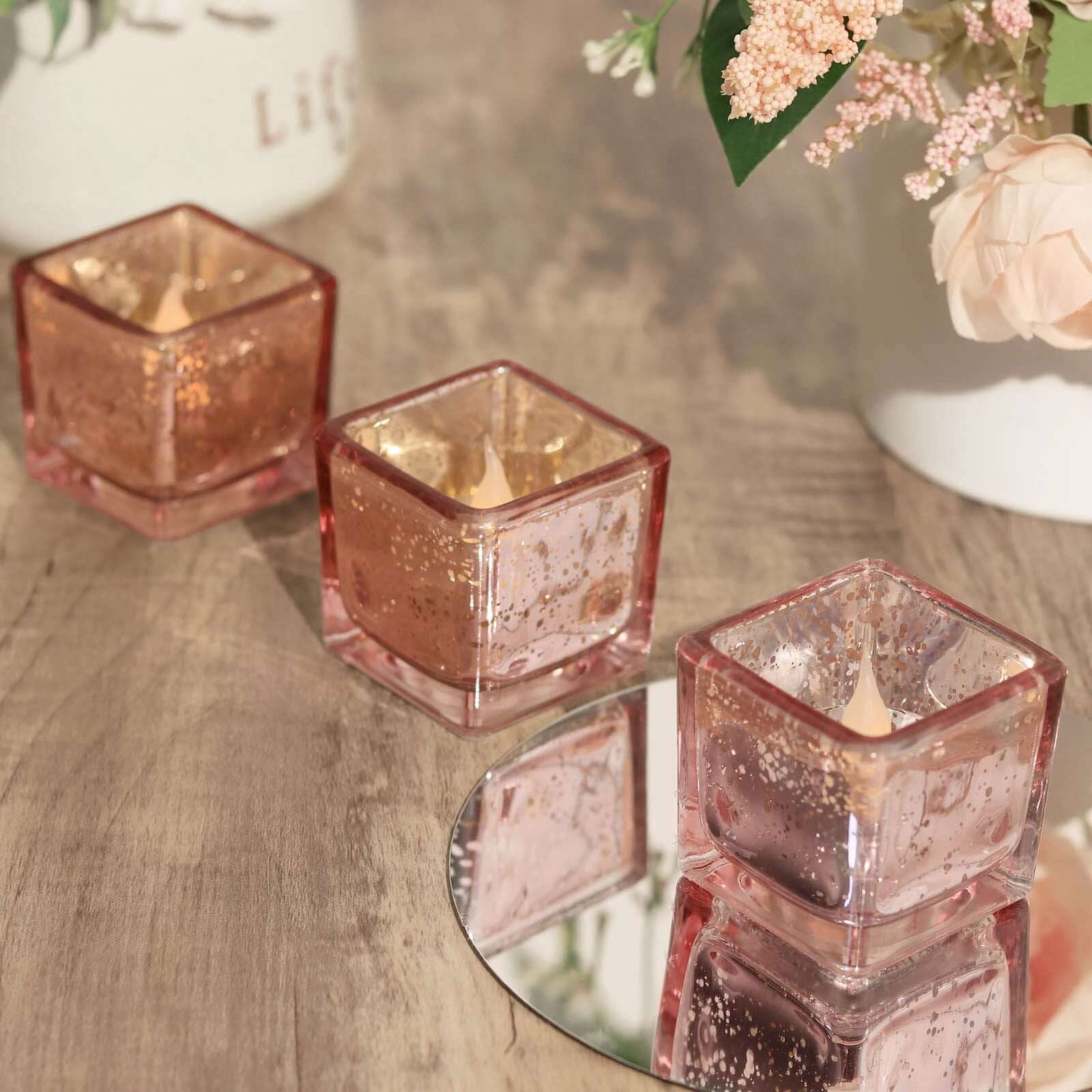 12 Pack Rose Gold Mercury Glass Candle Holders, Votive Glittered Tealight Holders 2