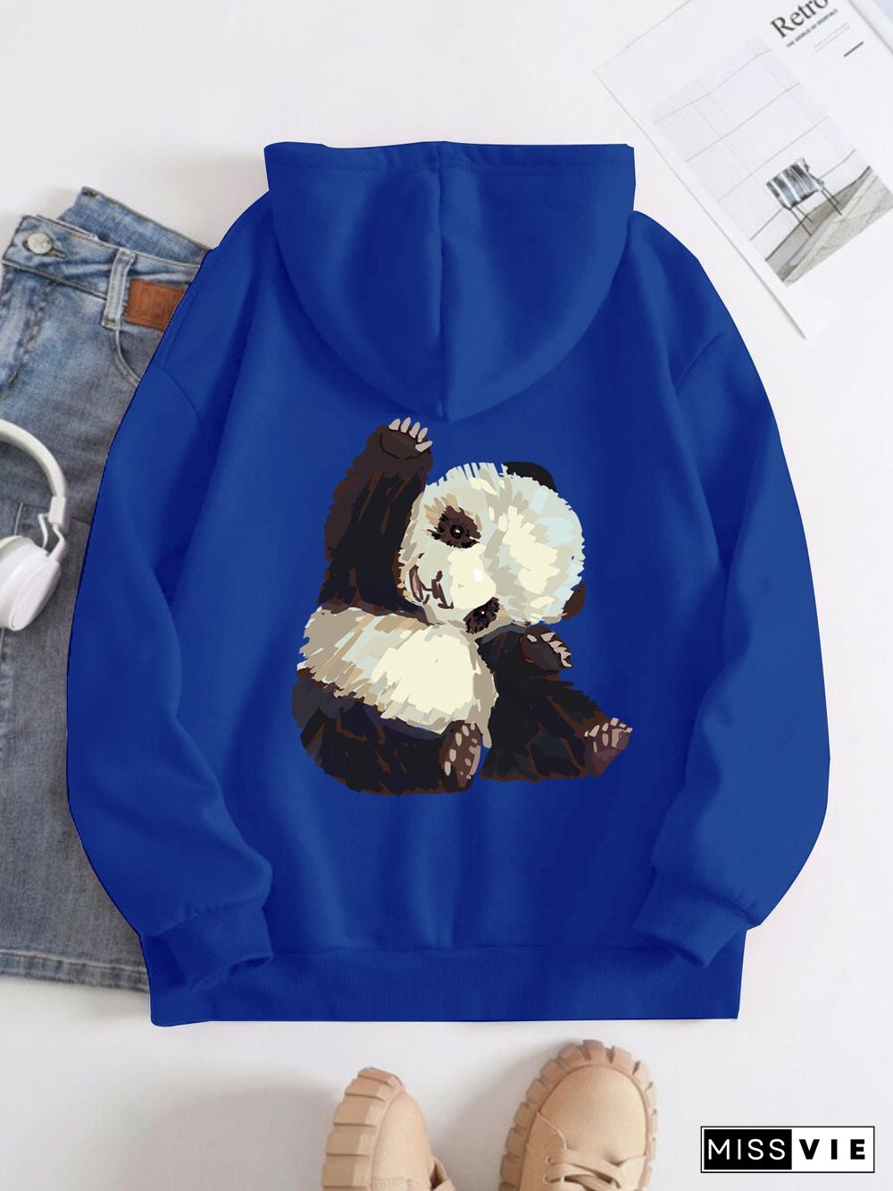 Printed on the Back Kangaroo Pocket Hoodie Long Sleeve for Women Pattern Panda