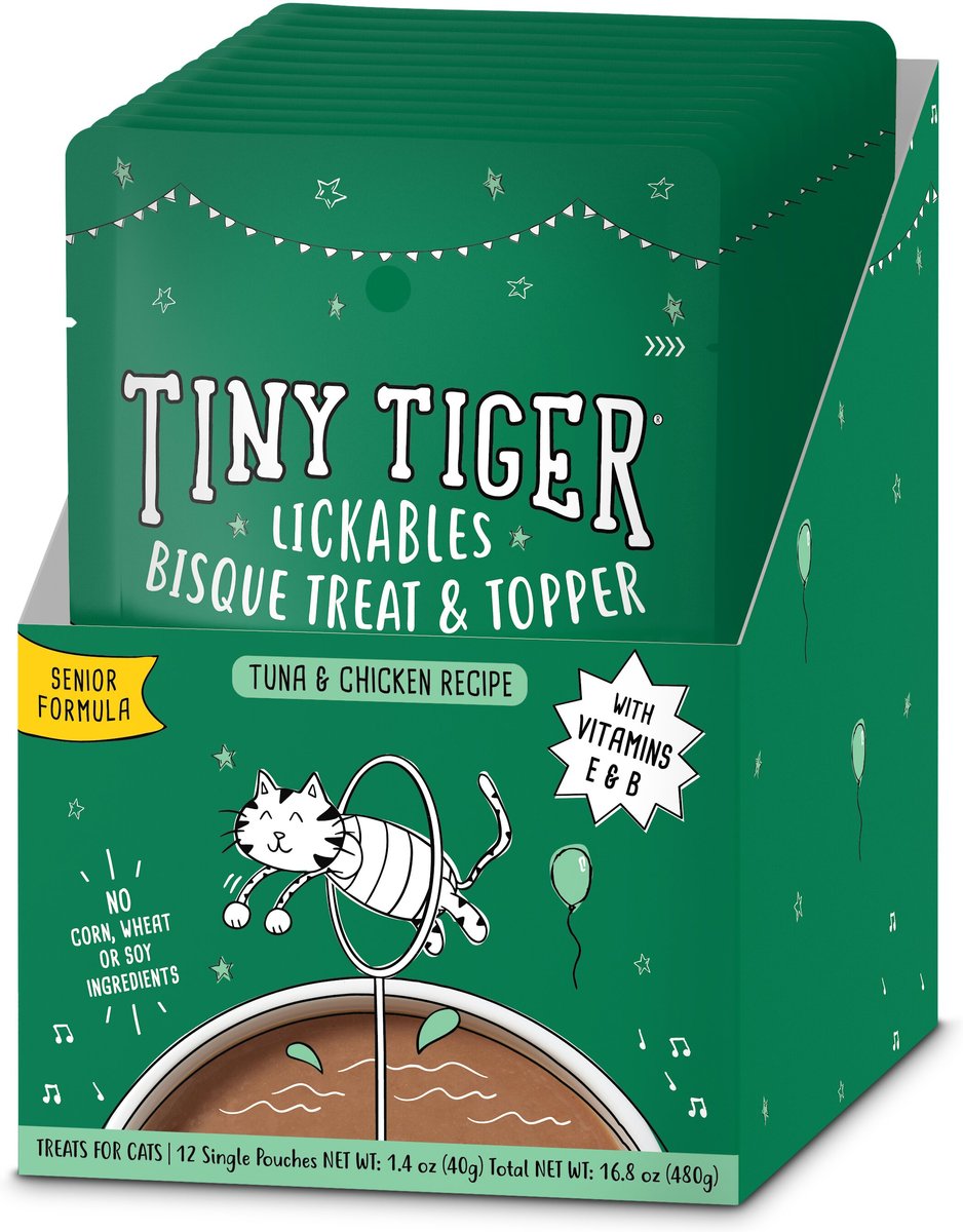 Tiny Tiger Lickables， Senior Formula， Tuna and Chicken Recipe， Bisque Cat Treat and Topper