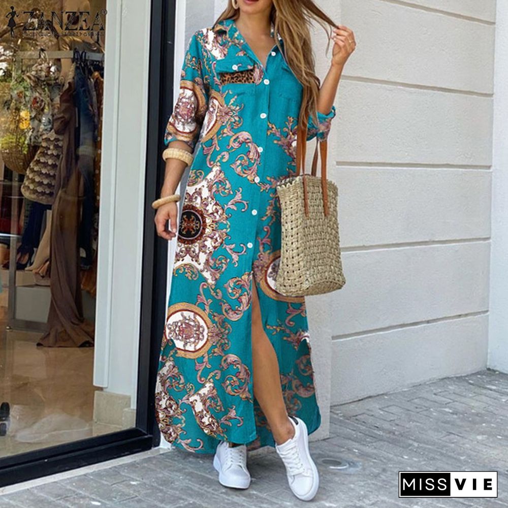 S-5XL Women Fulll Sleeved Kaftan Dress Chains Printed Side Fork Casual Loose Long Wedding Holiday Dress