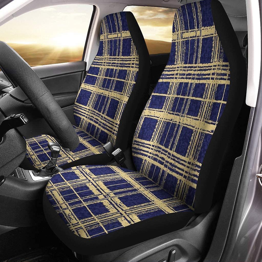 Set Of 2 Car Seat Covers Fabric White Line Blue Grid Universal Auto Front Seats Protector Fits For Car，suv Sedan，truck