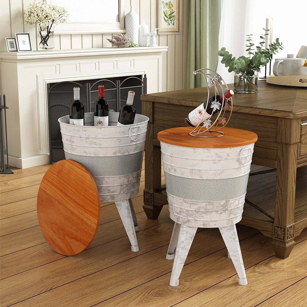 Farmhouse Rustic End Table Set  Storage Side Tables w/Round Wood Lid   Set of 2