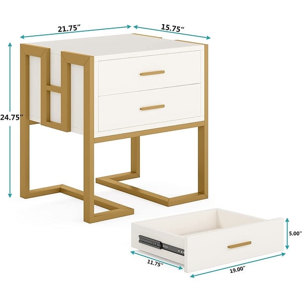 White and Gold Nightstand with 2 Drawers，End Table for Bedroom - - 36917906