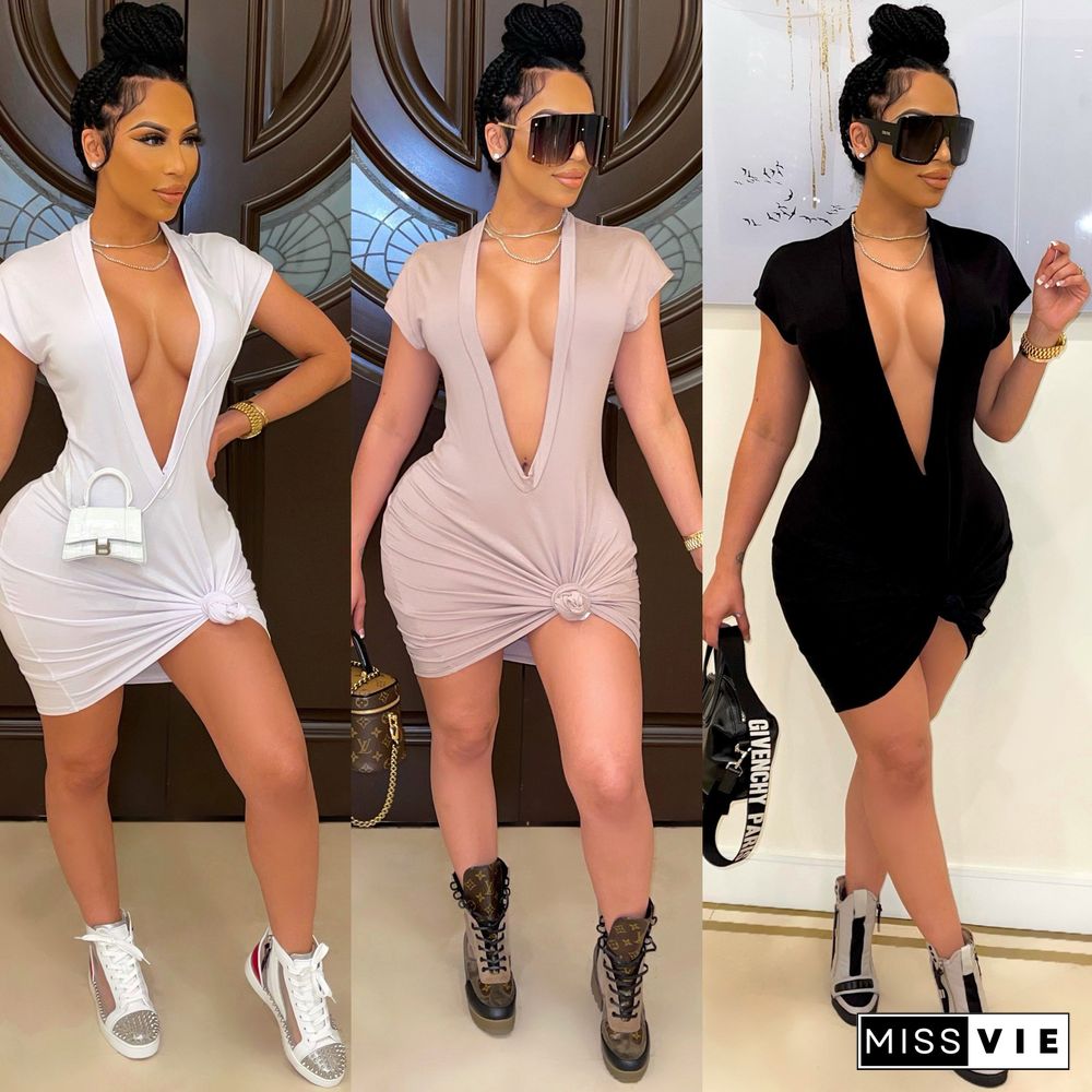 Women Fashion High Waist Cleavage Package Hip Solid Deep V Neck Short Sleeve T-shirt Slim Midi Dress