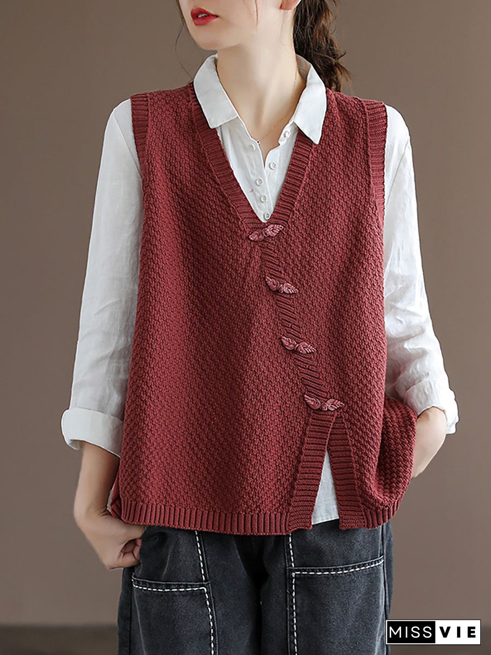 Plus Size Women Button Knitted Vest Waistcoat Sweater