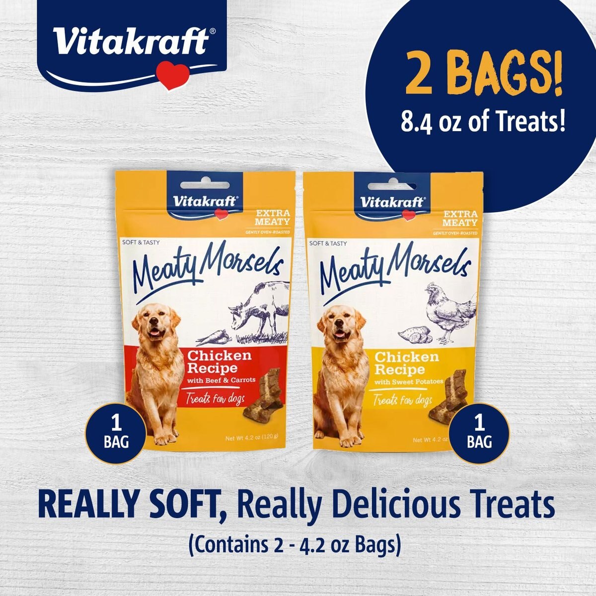 Vitakraft Meaty Morsels Chicken with Sweet Potato and Chicken with Beef Soft and Chewy Dog Treats， 4.2-oz bag， 2 count