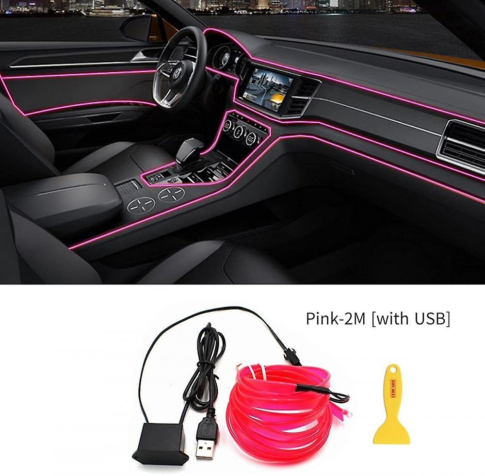 Cold Light Car Ambient Light Led Interior Mood Light Luminous Line Door Slit Light-pink-2m [with Usb] (one Set)