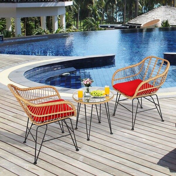 Costway 3PCS Patio Rattan Bistro Furniture Set Cushioned Chair Table