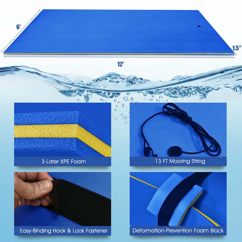 12 x 6 FT Floating Water Pad 3-Layer Tear-Resistant XPE Foam Mat Roll-Up Floating Island for 4-6 Person