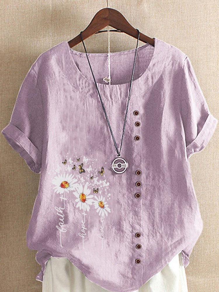 Round Neck Casual Loose Marguerite Flower Print Short Sleeve Blouse