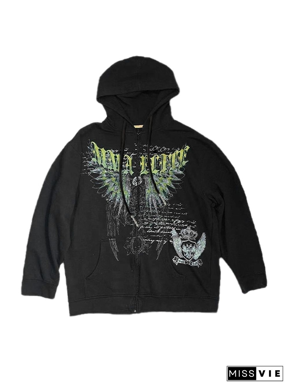 Gothic Wing Print Zip Up Oversized Hoodie