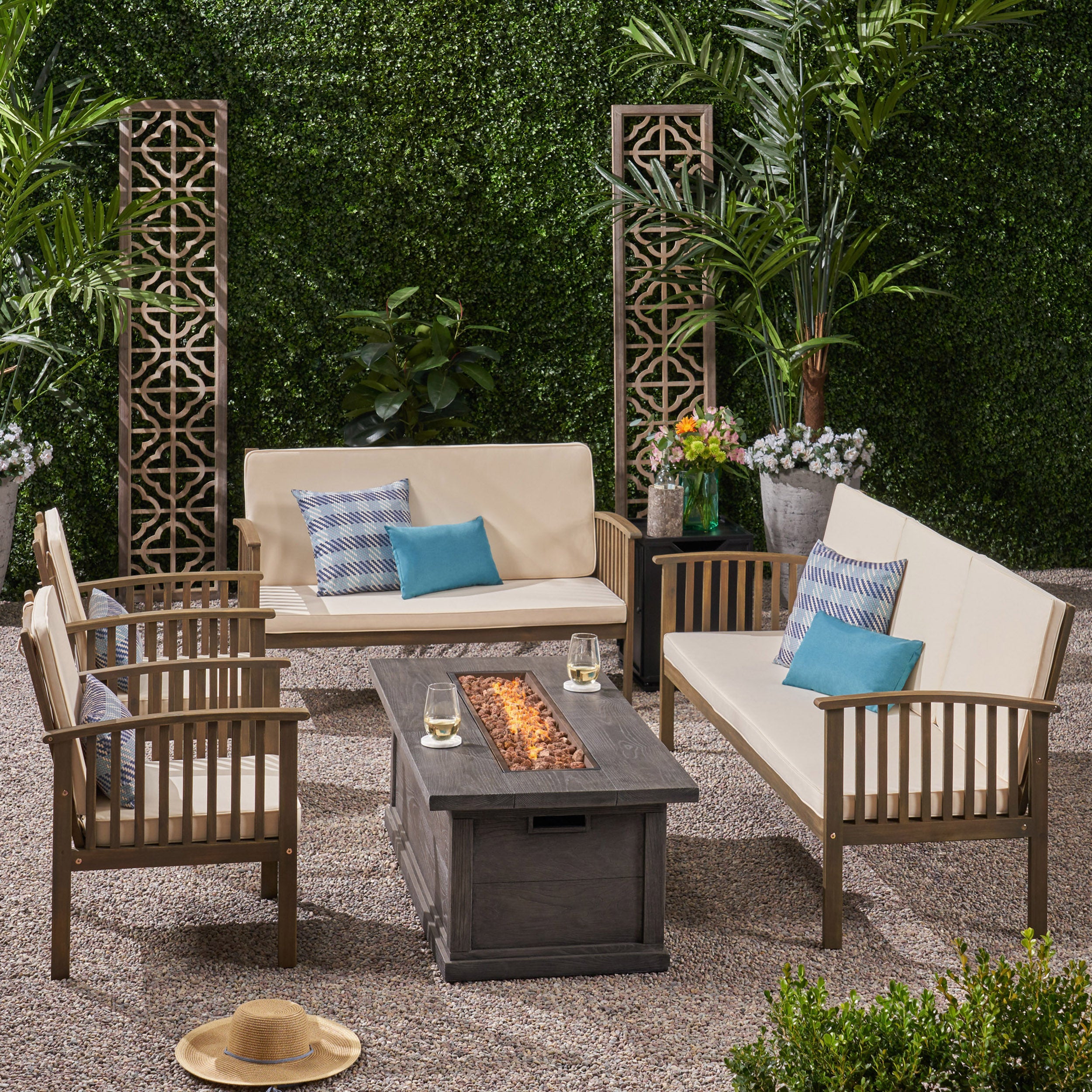 Jean Outdoor 6 Piece Acacia Wood Sofa and Loveseat Conversational Set with Fire Pit