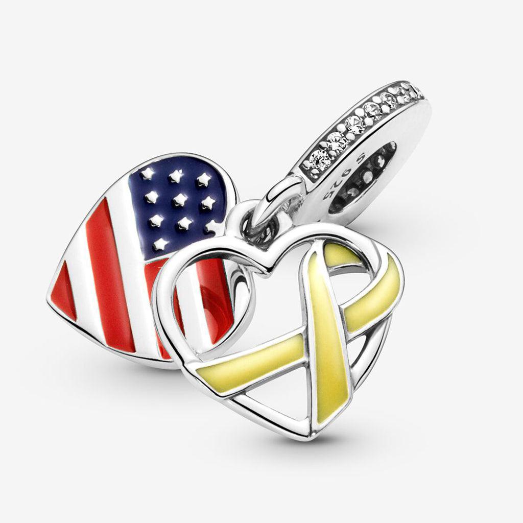 PANDORA  Heart, Flag & Remembrance Ribbon Double Dangle Charm