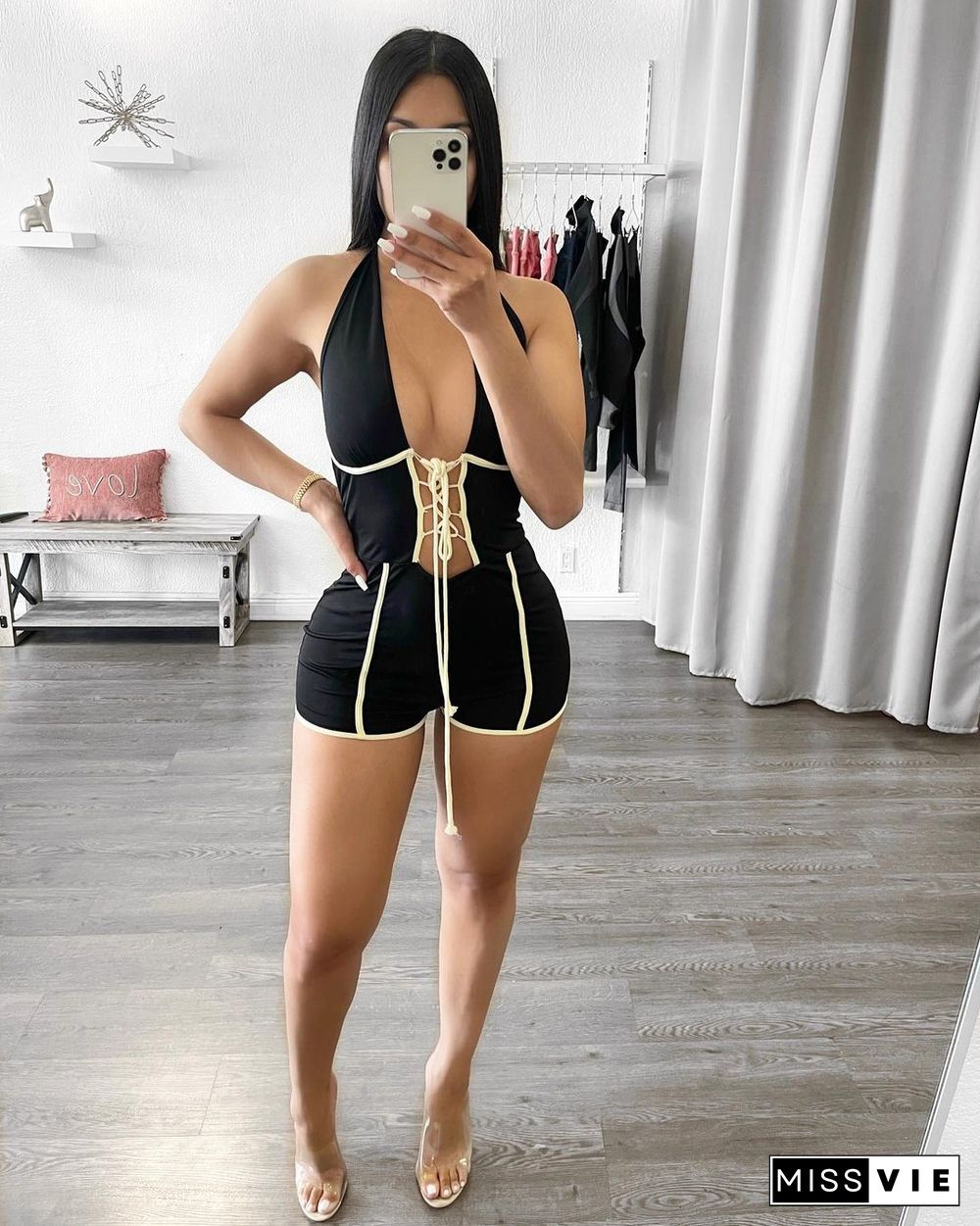 Women Sexy Low-cut Hollow Bandage Sleeveless Skinny Romper