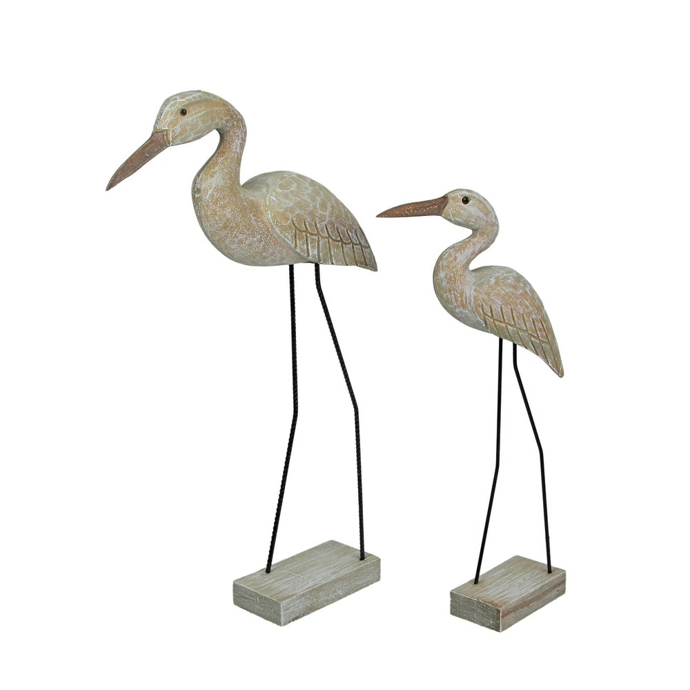 Hand Carved White Washed Wood Bird Statue Sculpture (Set Of 2)   19.75 X 11.5 X 2.75 inches