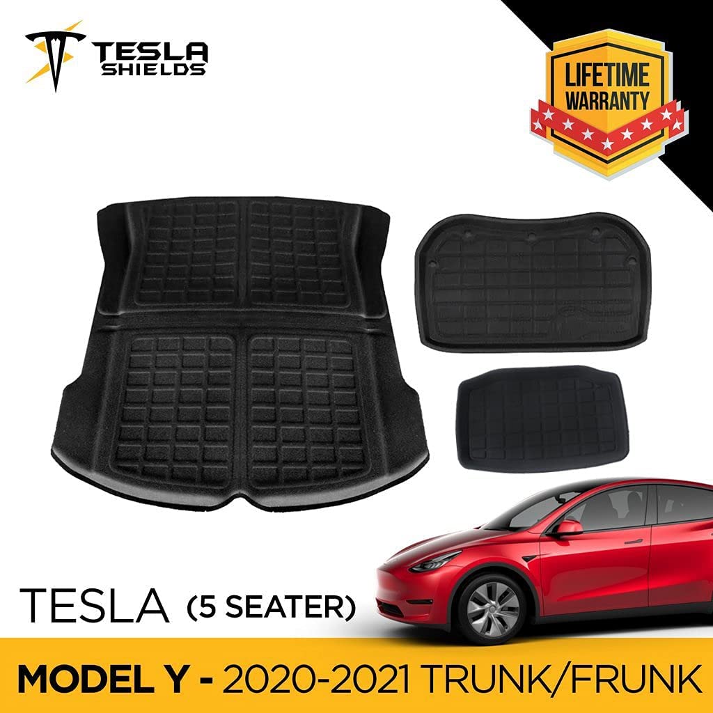 TeslaShields Custom Fit Tesla Model Y 2020-2021 Frunk and Trunk Mat Accessories Set - All-Weather - Heavy Duty - 5 Seater Rubber Mat - Floor Liner Car Interior Accessories