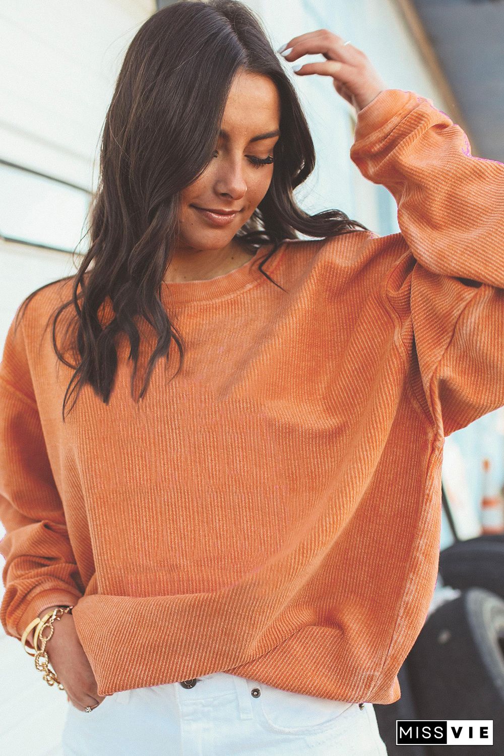 Orange Ribbed Corded Oversized Sweatshirt