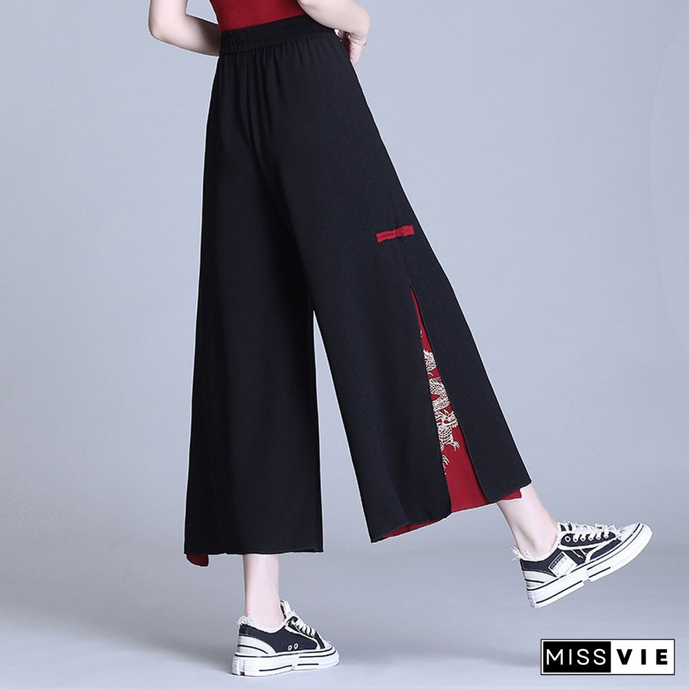 Vintage Dragon Embroidery Side Split Casual Pants