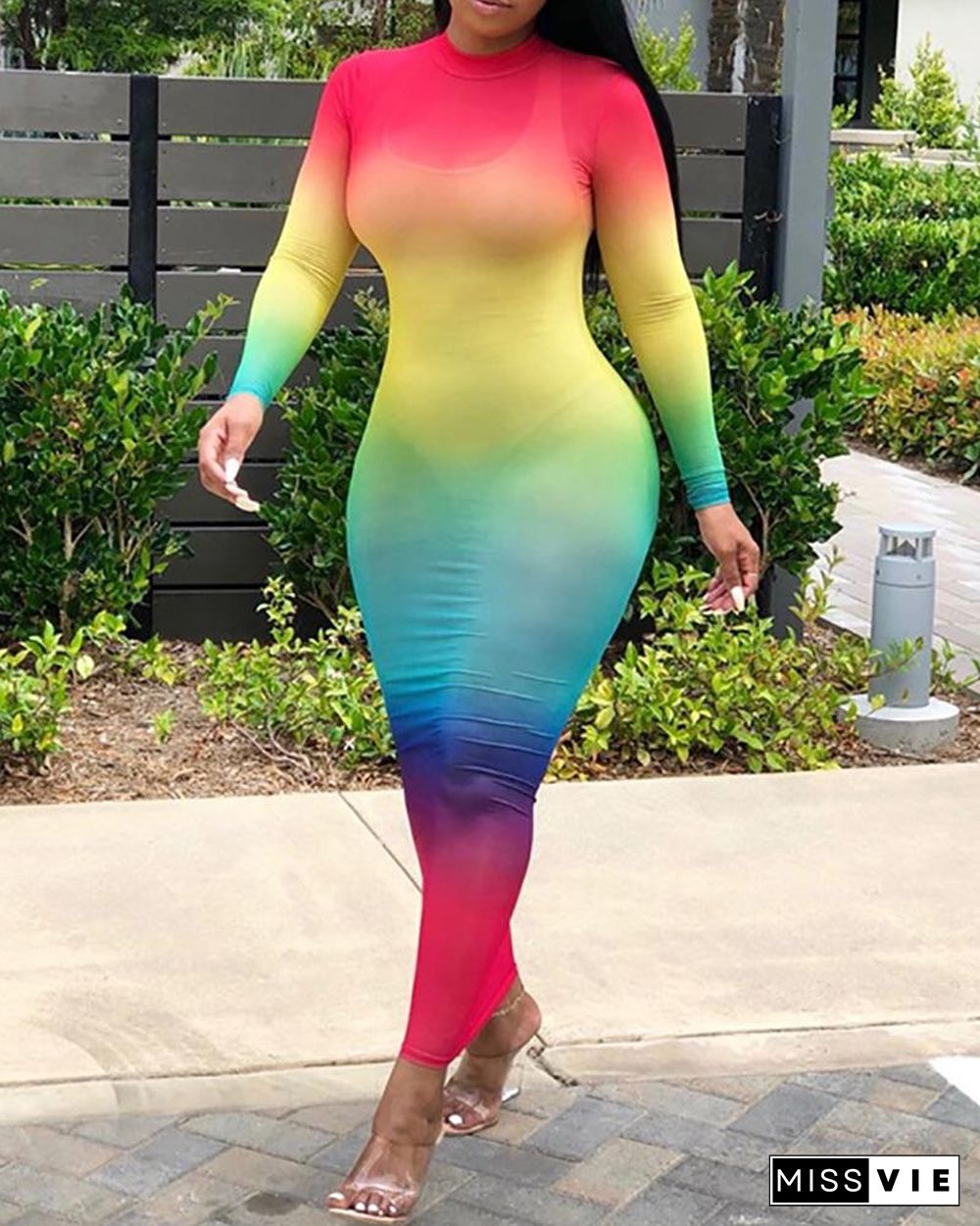 Long Sleeve Colorblock Sheer Maxi Dress