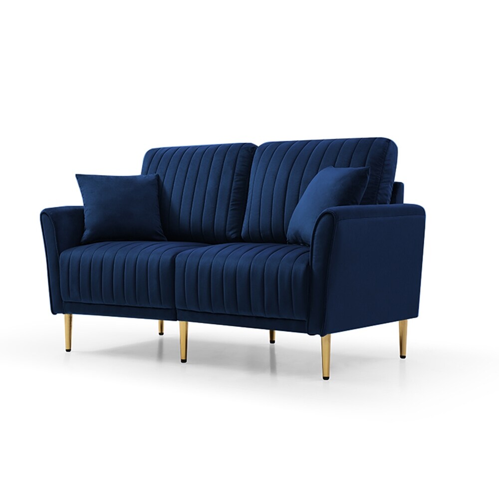 Blue Velvet Upholstered Loveseat Sofa Channel Tufting Lounge Loveseat with Reversible Back and 2 Pillows  Living Room Couch