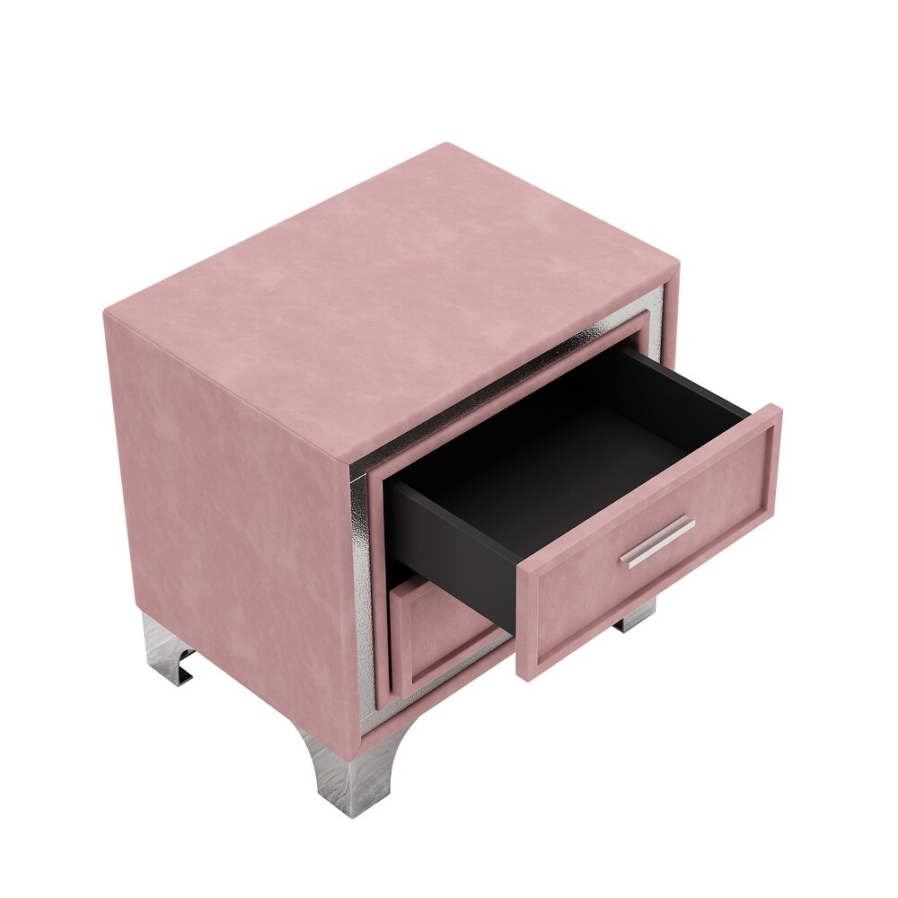 Wood Upholstered Nightstand with 2 Drawers and Metal Legs  Modern Velvet Bedside End Table for Bedroom  Easy Assembly