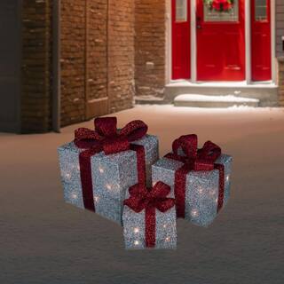 9 in. Christmas Outdoor Decorations Silver Tinsel Gift Boxes with Red Bows Lighted (3-Pack) 31458001