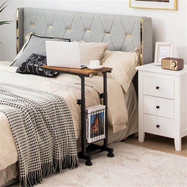 Adjustable C Shape Sofa Side Table with Storage Basket