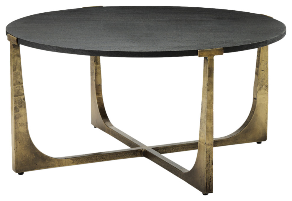 Atticus Black Solid Wood And Antiqued Gold Metal Round Coffee Table   Modern   Coffee Tables   by Mercana  Houzz