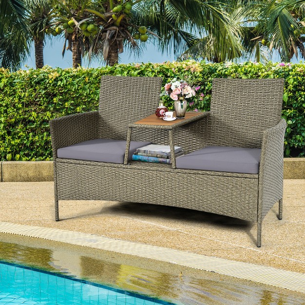 Costway 2 person Patio Rattan Conversation Furniture Set Loveseat Coffee Table