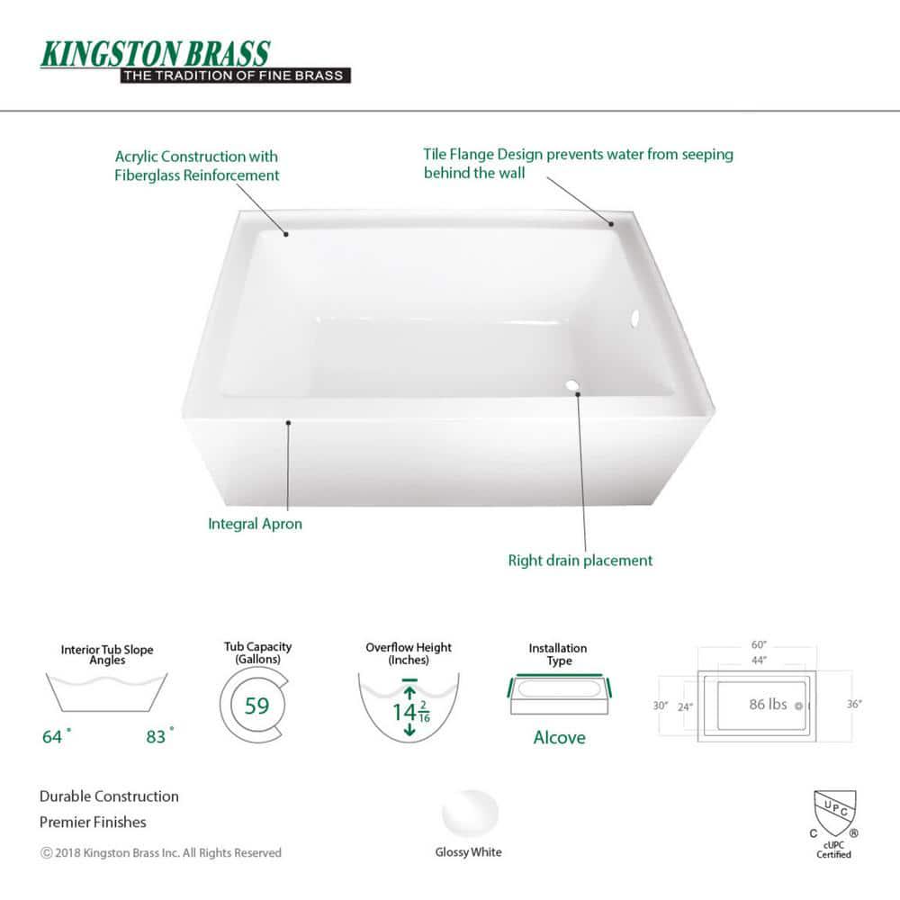 Aqua Eden Ella 60 in Acrylic RightHand Drain Rectangular Alcove Bathtub in White