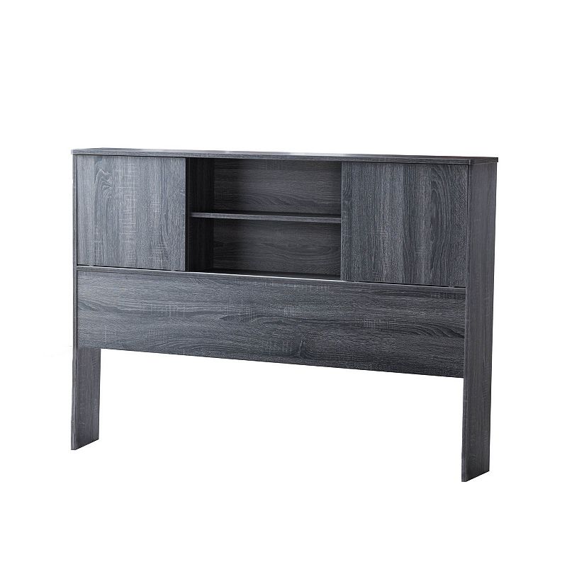 Twin Bookcase Headboard with 2 Sliding Doors， Distressed Gray