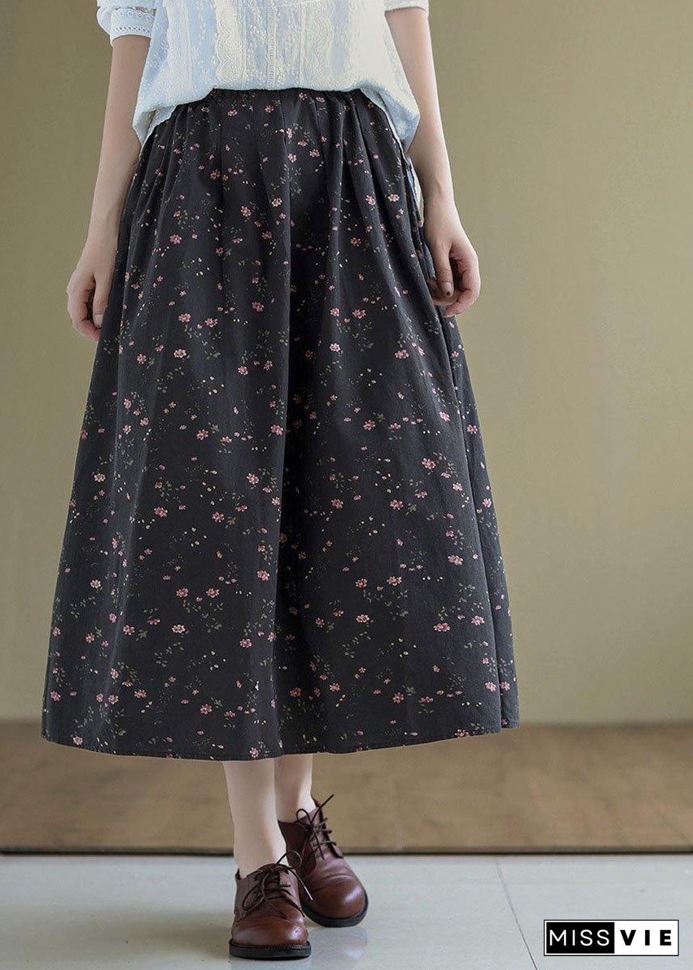 Italian Black Retro Print Summer Skirt Linen