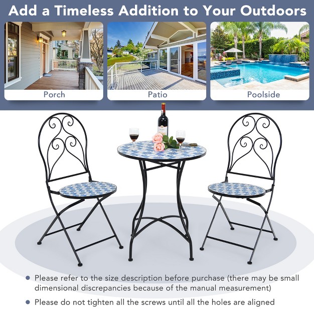 Costway 3pcs Patio Bistro Furniture Set Folding Chair Mosaic Design Garden Blue