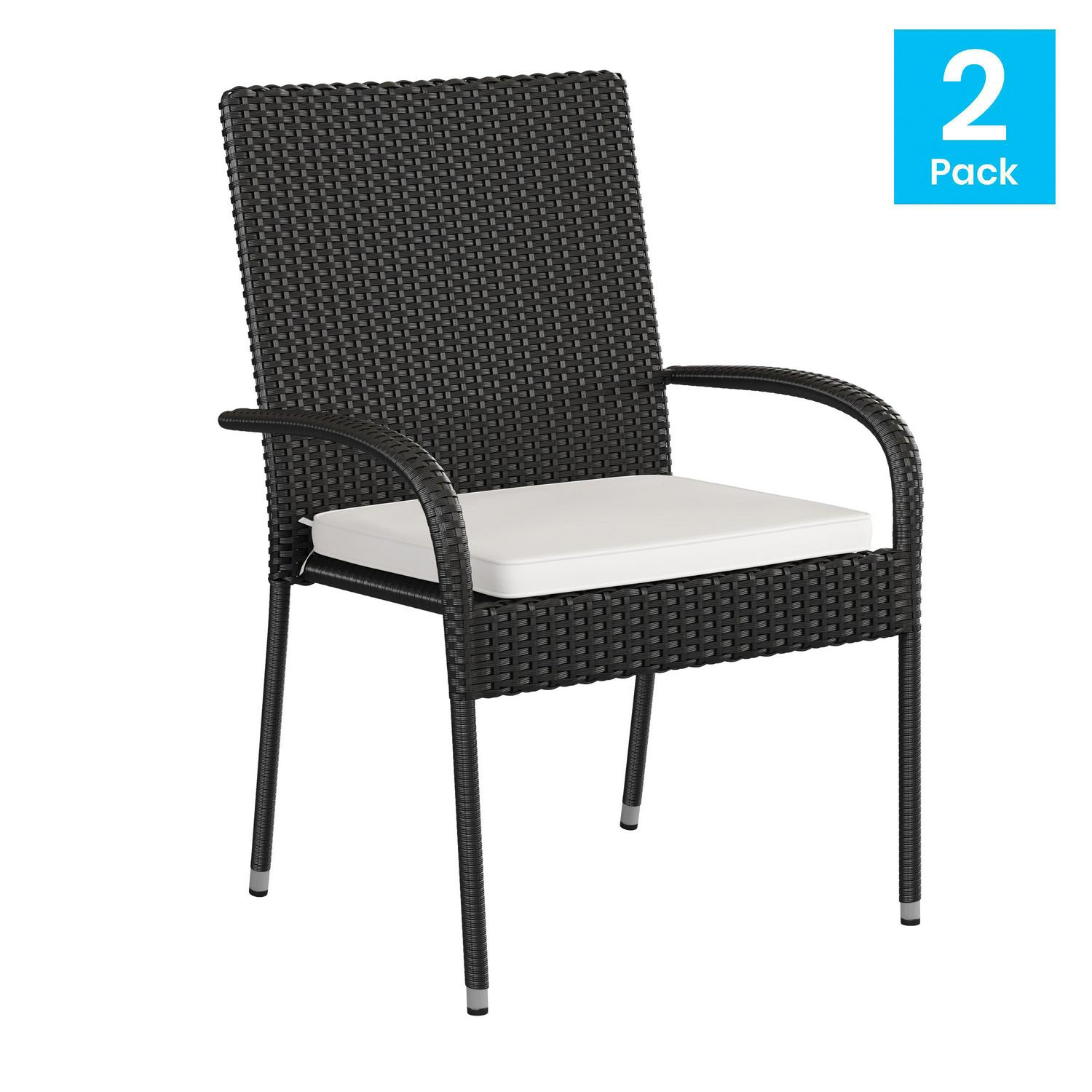 Flash Furniture Maxim Set of 2 Stackable Indoor/Outdoor Black Wicker Dining Chairs with Cream Seat Cushions  Fade and Weather-Resistant Materials