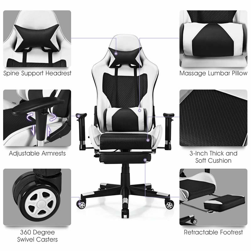 High Back E-Sport Massage Gaming Chair with Footrest & Headrest, Ergonomic PU Leather Gaming Seat, Video Game Chair Computer Chair