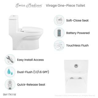 Swiss Madison Virage 1-piece 1.11.6 GPF Touchless Retrofit Dual Flush Elongated Toilet in Glossy White Seat Included SM-1TK118