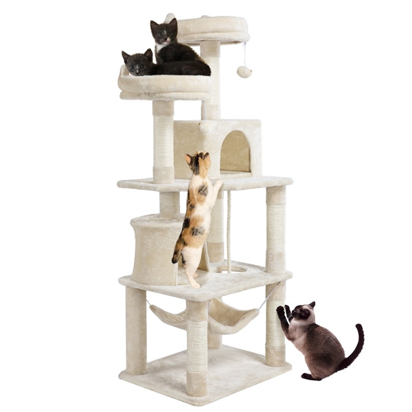 SMILE MART 62.2" Double Condo Cat Tree and Scratching Post Tower, Beige