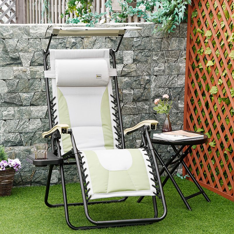 Outsunny Zero Gravity Lounger Chair Folding Reclining Patio Chair with Cup Holder Shade Cover and Headrest for Poolside Events and Camping Green