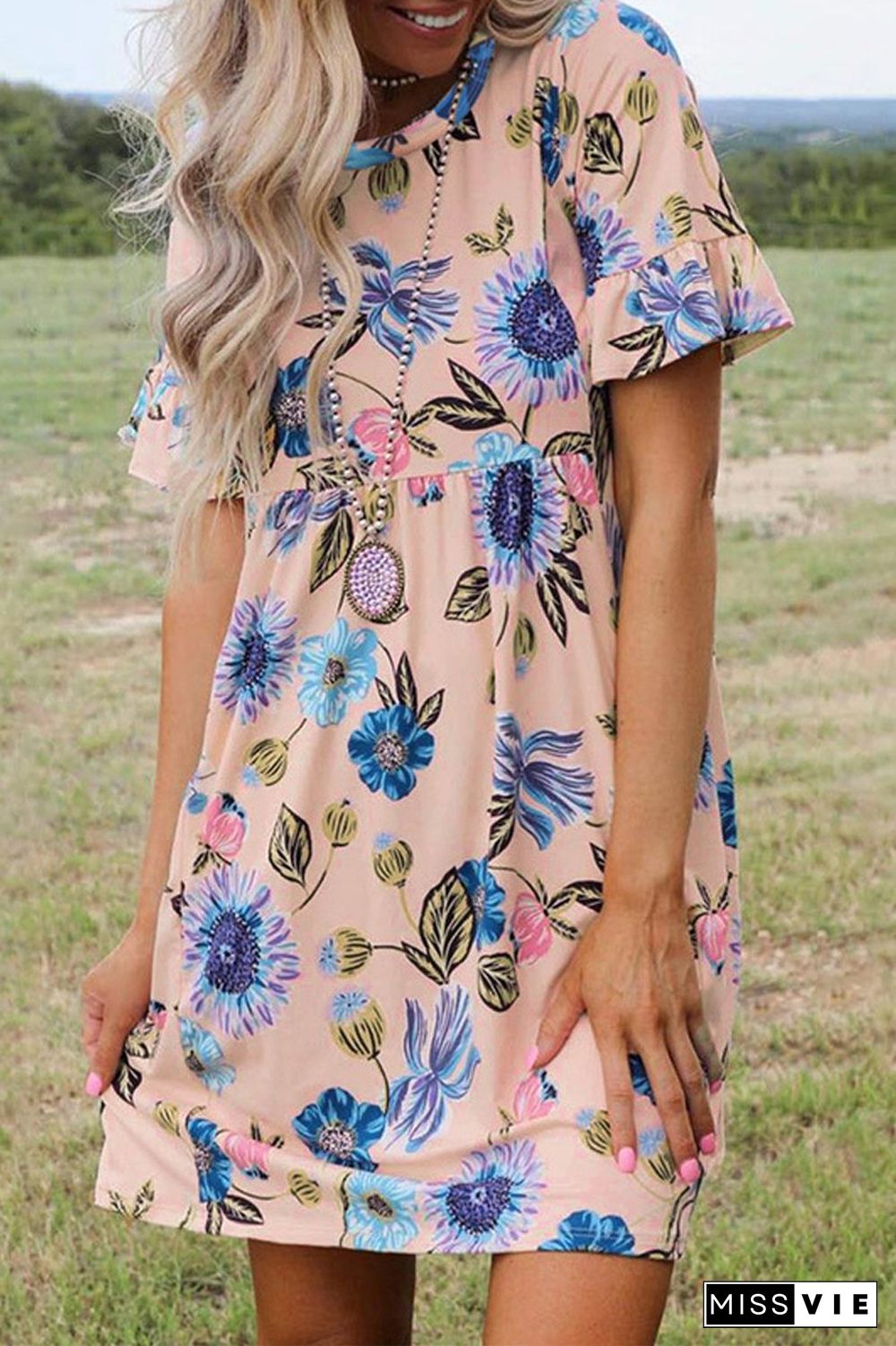 Floral Print Short Sleeve Midi Dress