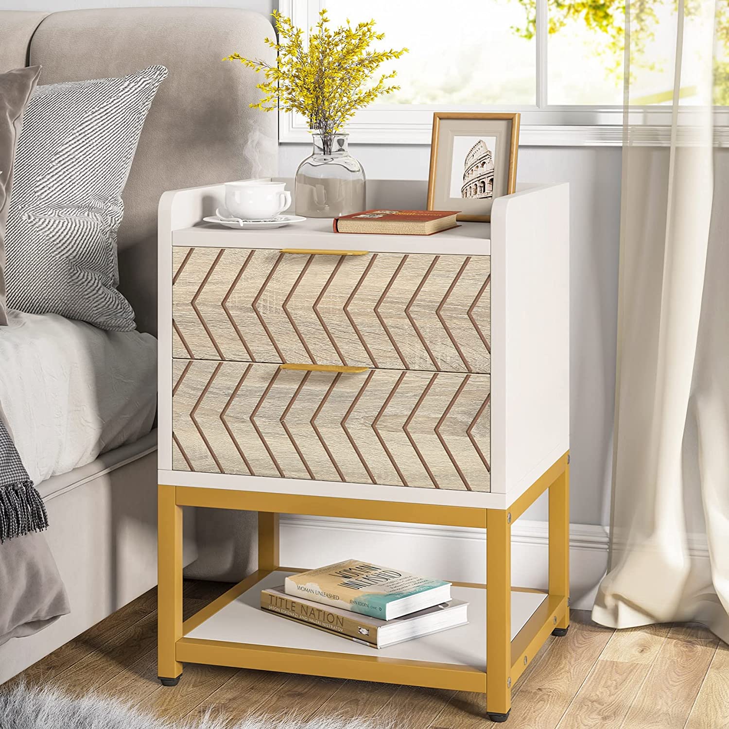 Tribesigns Modern Nightstand with 2 Drawers, Bedrooms Bedside Table, Side End Table for Living Room, White & Gold