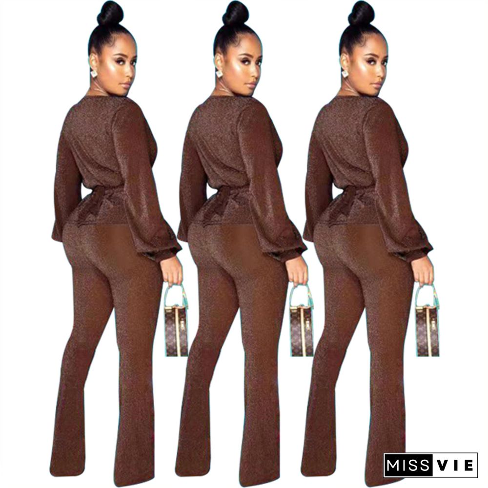 Shiny Plunge V Neck Long Sleeve Crop Top Pants Suits