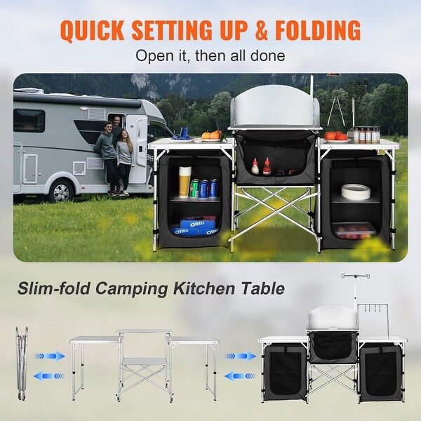 VEVOR Camping Kitchen Table Folding Portable Cook Station Long Aluminum Camping Table with Carrying Bag Side Tables and Shelves