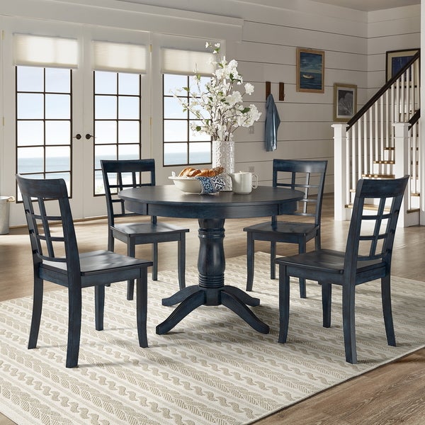 Wilmington II Round Pedestal Base Antique Dark Denim 5-Piece Dining Set by iNSPIRE Q Classic