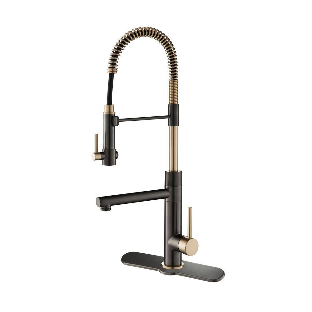 KRAUS Artec Pro Single-Handle Pull Down Sprayer Kitchen Faucet with Deck Plate in Black Stainless SteelBrushed Gold Finish KPF-1603SBBG-DP03SB