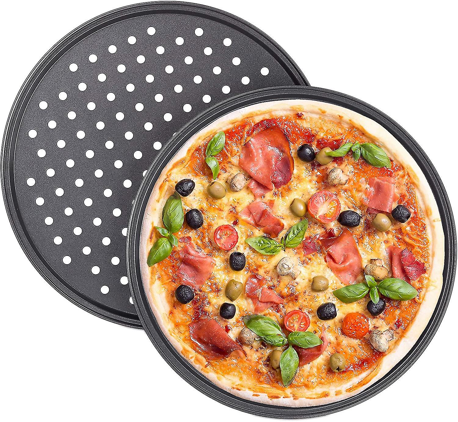 Set Of 2 Round Non-stick Perforated Pizza Molds In Gray Carbon Steel 32 Cm， Black